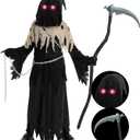 Spooktacular Creations Glowing Eyes Grim Reaper Costume for Kids, Halloween Costume for Boys, Halloween, Dress-up Party (Large(10-12 yr), Brown)