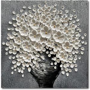 White Flower Oil Painting Modern Abstract Art Oil Painting Home Bedroom, Dining Room, Living Room, Office Wall Decoration (20x20 inches)