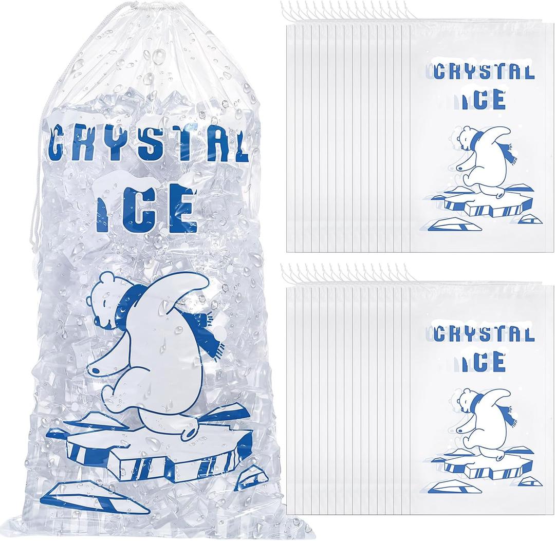 Honoson 100 Pcs 10 lb Plastic Ice Storage Bag with Cotton Drawstring Closure for BBQs, Camping, Food Stalls Refillable Clear Ice Pouch Bags for Freezer Takeaway(Polar Bear)