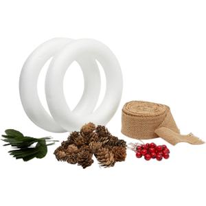 Bright Creations 8 inch Wreath DIY Kit with 2 Craft Foam Rings, Burlap Ribbon, Berries, Pinecones (75 Pieces Set) - Floral Foam - Wreath Making Kit