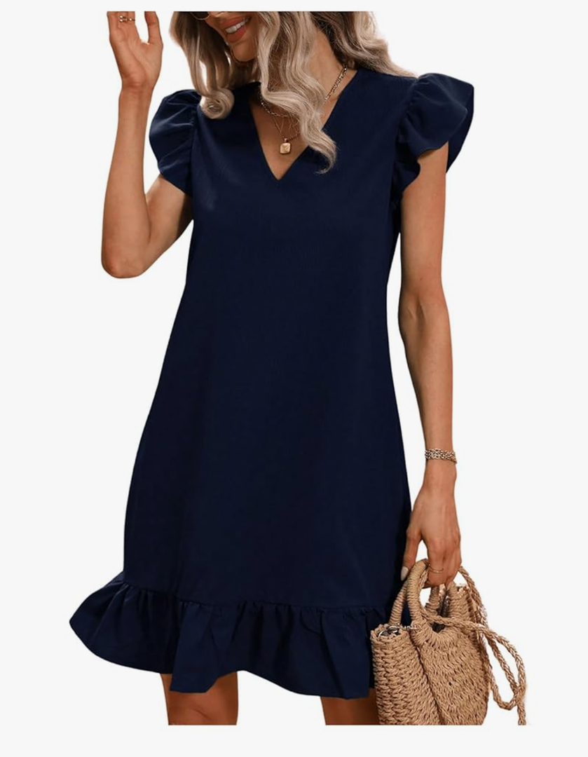 SOLY HUX Summer Dresses for Women V Neck Cap Sleeve Ruffle Hem Smock Short Dress