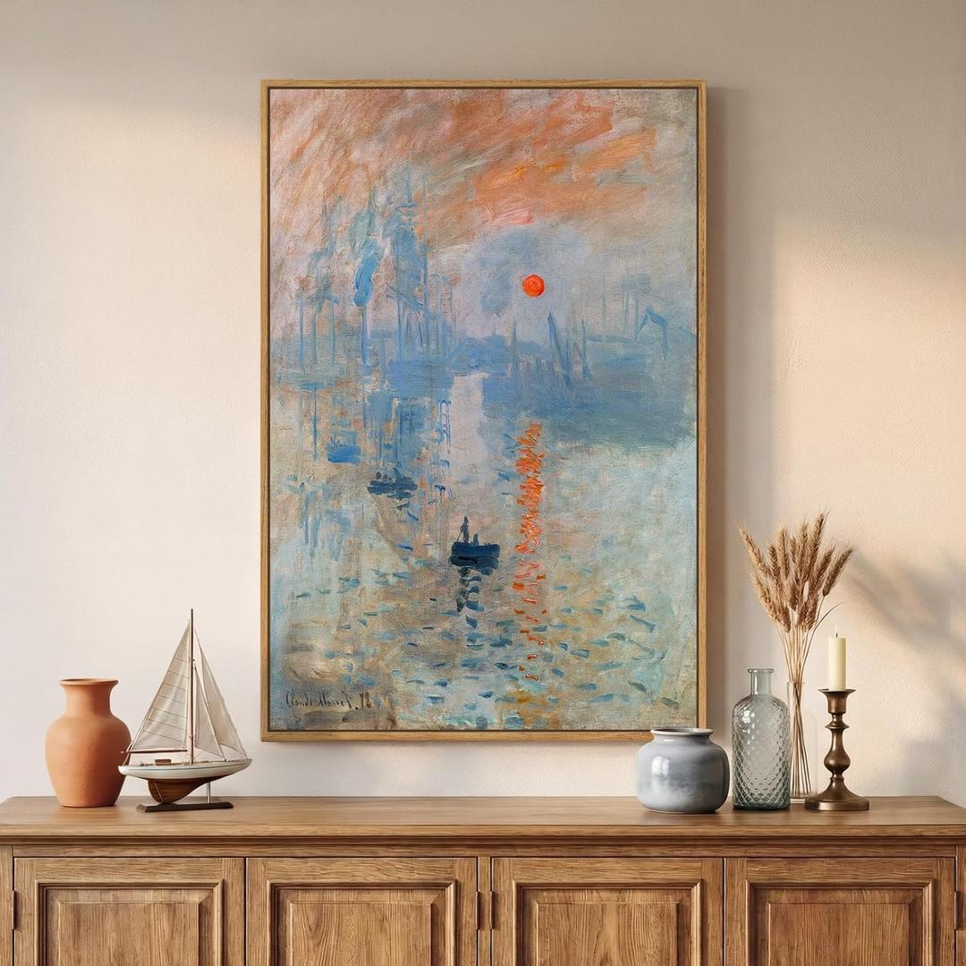 Large Framed Monet Nature Canvas Wall Art, Vertical Sunrise Impressionist Prints Paintings, Blue Lake Landscape Decorative Artwork for Living Room Office Dining Room Bedroom Wall Decor 24x36 Inch