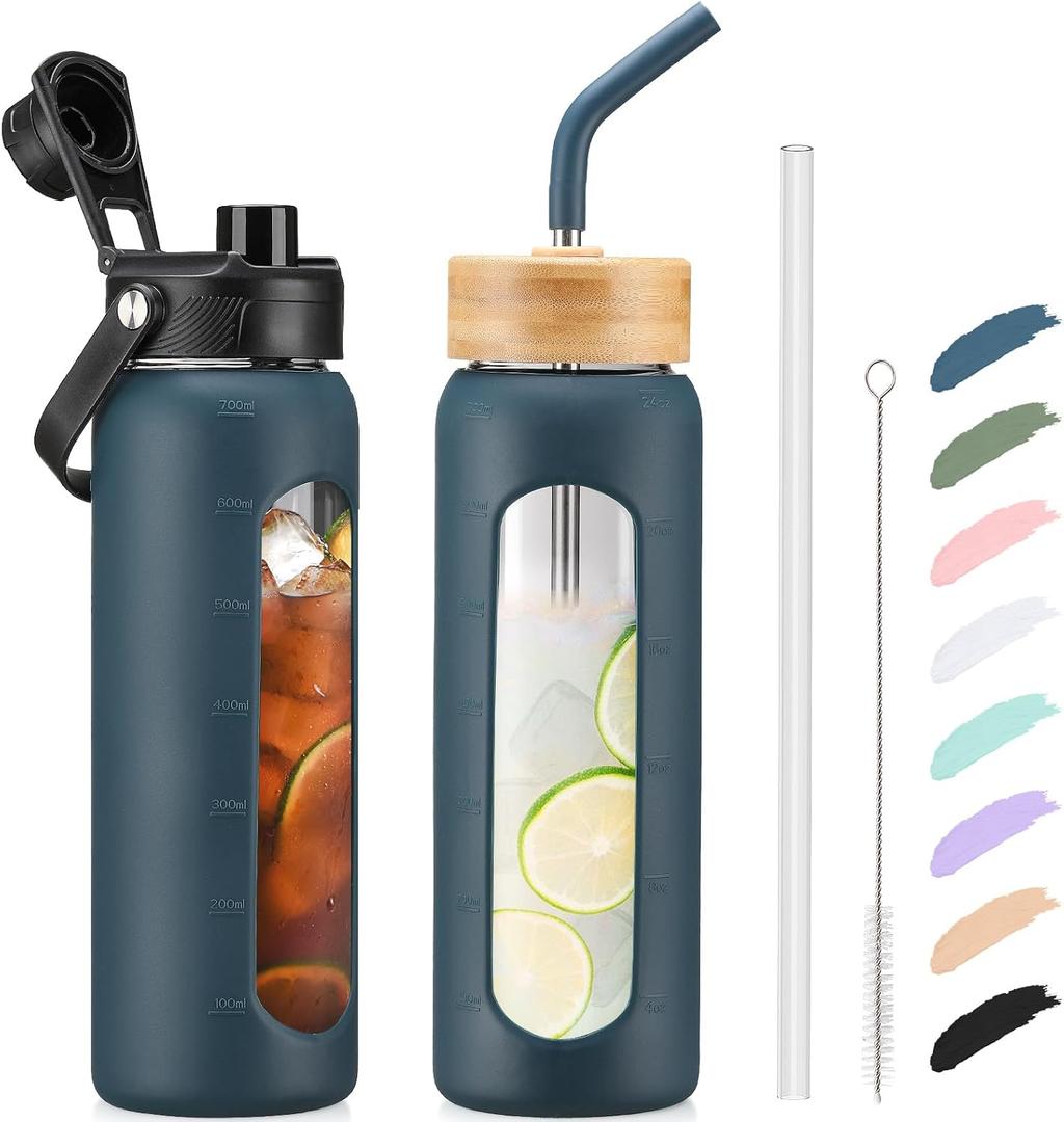Kodrine Water Bottle with Straw, 24 oz Glass water Bottle with 2 Lids Bamboo Straw Lid and Spout Lid with Handle, 32 oz Clear Water Bottle Glass for Sports Travel, Waterbottle with Time Marker (Navy Blue)