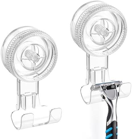 LUXEAR Suction Hooks, 2 Pack Razor Hooks Removable & Reusable Suction Shower Hook Damage-Free Powerful Suction Hanger for Towel Bathrobe Loofah Bathroom Kitchen Storage Hooks Weather Hanger Hook