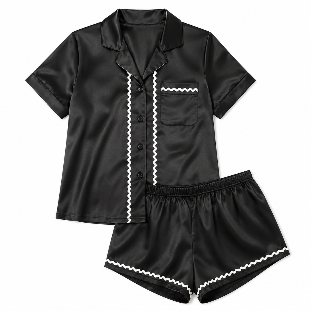 Women’s Black Satin Pajama Set, Short Sleeve Button Down Sleepwear with White Wavy Trim and Shorts, Size:S