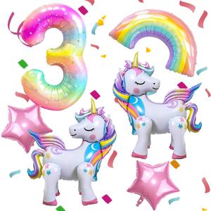 Unicorn 3rd Birthday Party Decorations Balloon Set with Self Standing Unicorn, Large Rainbow, Colorful Number 3, Star Balloons for Girl Purple Pink Theme 3rd Party Supplies