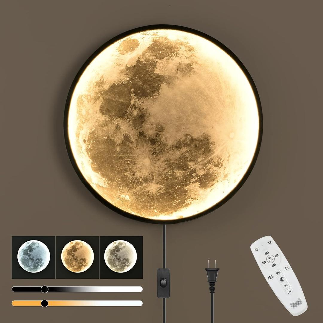QIYIMEILUX Dimmable Moon Wall Sconce Plug in Modern LED Wall Light with Remote Control 19.7 inch 24W Black Wall Lamp Indoor Wall Mounted Lighting Ceiling Light for Living Room BedroomMoon