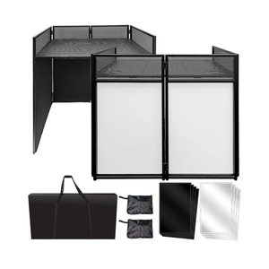 Portable DJ Booth Facade Stand | Foldable DJ Table with 38.5"x19" Surface & Cable Hole | Includes Black/White Scrims & Carry Bag for Events, Parties, Mobile DJs (DJ Station, Event Facade)