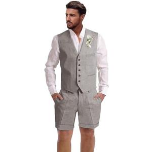 Dsteng Mens Linen Suit 2 Piece Short Suits for Men Casual Summer Beach Wedding Suit Linen Vest Shorts Set, XXXL