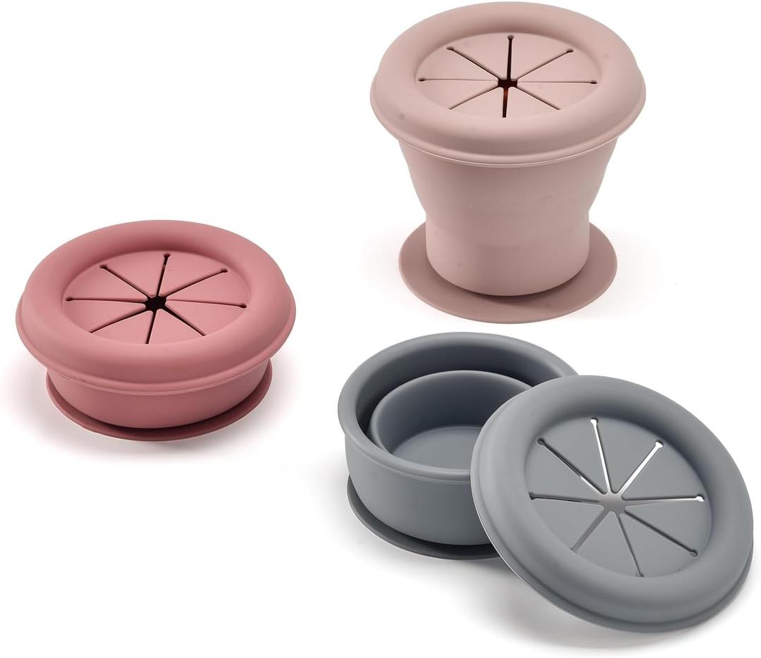 silicone snack container, snack cups for toddlers spill proof, Food Grade Silicone Cups, 3pcs, Pink, Light Pink, Gray