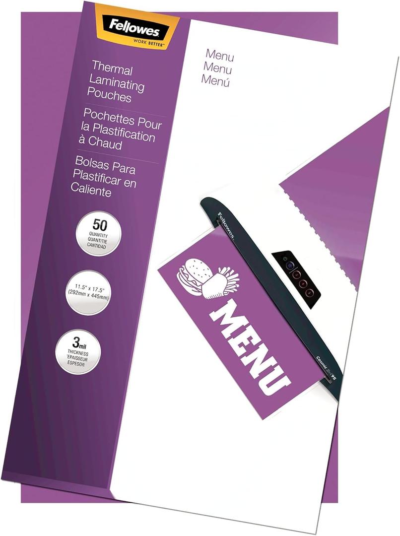 Fellowes Hot Laminating Pouches, 3 Mil, Menu Size, 50 Per Pack (52013)