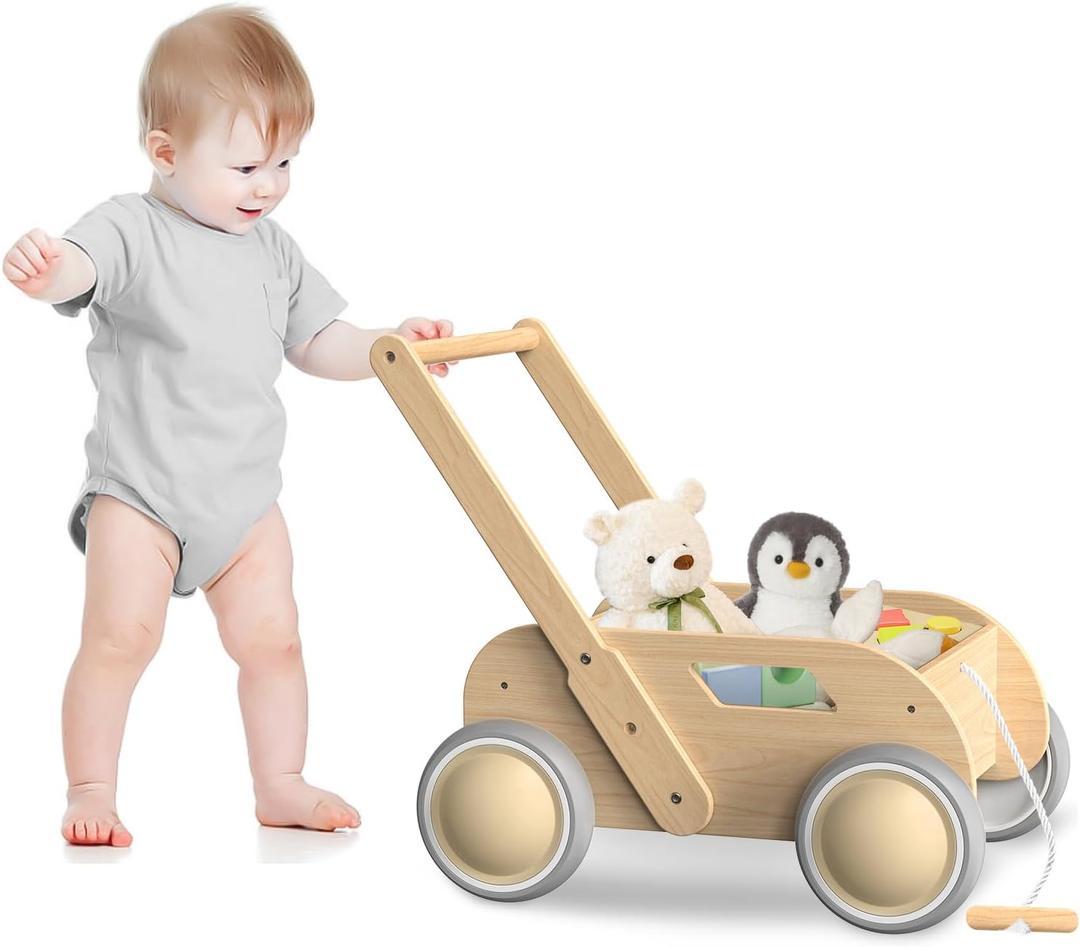 Wooden Baby Walker, Push and Pull Learning Walking Toys for Babies Infants to Toddler, Walker with Wheels for Boys Girls, Gift for Birthday Christmas, Natural