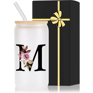 Monogrammed Glass Drinking Cup With Lid Straw Women Wife Ideal from Husband Happy Birthday Wedding Romantic Best Cool Personalized Unique Special Cute Custom Valentines Christmas Xmas Present Gifts,M