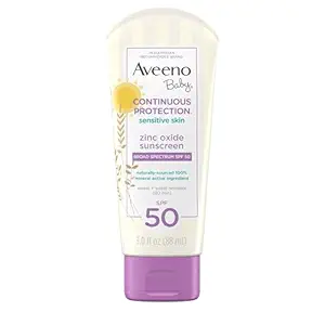 Aveeno Baby Continuous Protection Zinc Oxide Mineral Sunscreen Lotion for Sensitive Skin, Broad Spectrum SPF 50, TearFree, Sweat & WaterResistant, ParabenFree, TravelSize, 3 fl. oz