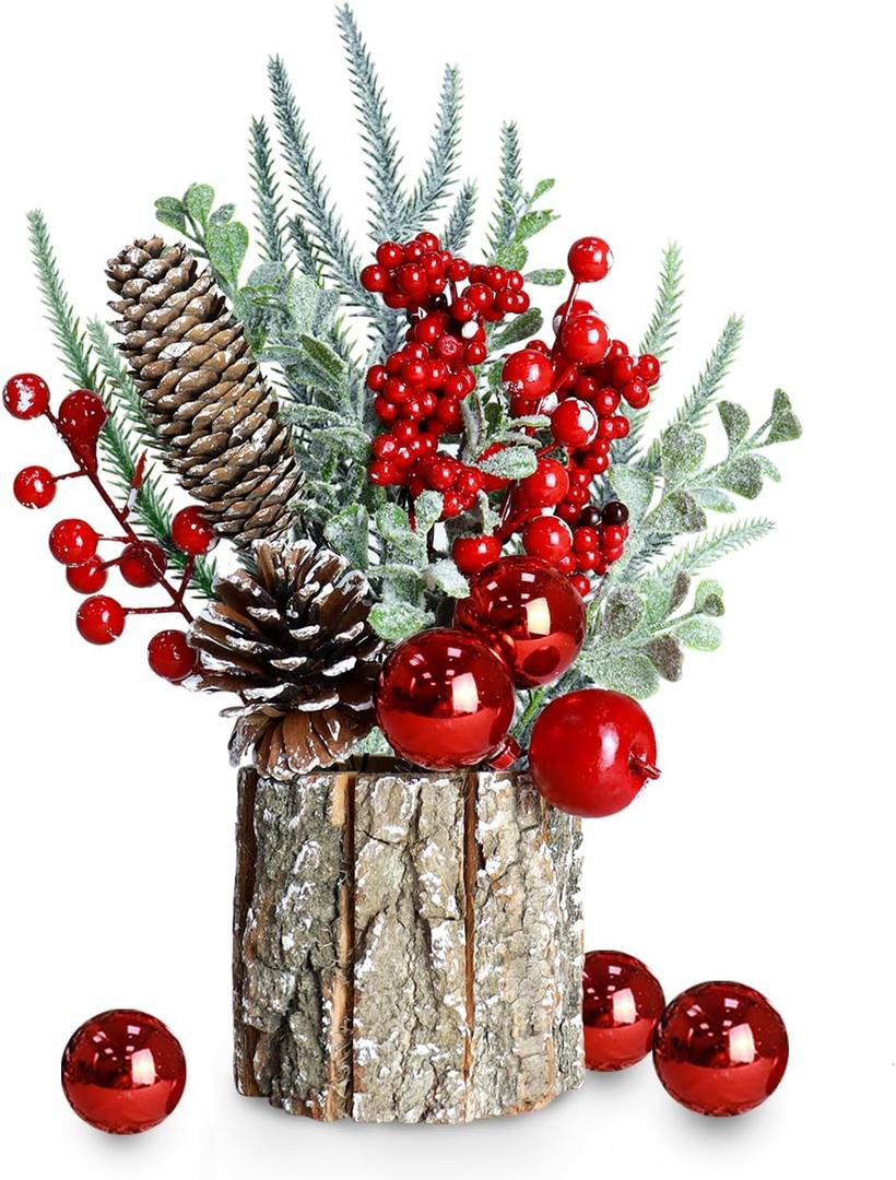 TPSCSH Christmas Decoration - Red Centerpieces for Tables 13.7Inch Pencil Xmas Tree Artificial Mini Christmas Tree with Pinecones Small Table Christmas Tree for Winter Holiday Home Decor