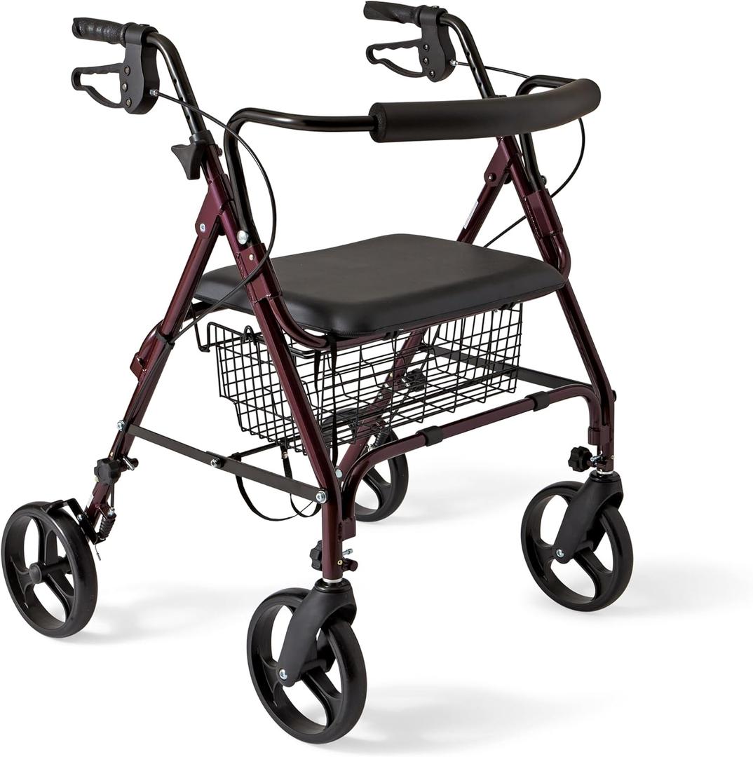 Medline Large Extra Wide Aluminum Bariatric Rollator Walker with Seat, Burgundy, 400 lb. Weight Capacity, Foldable, Under Seat Storage, 8" Wheels, Padded Backrest, Rolling Walker For Seniors & Adults