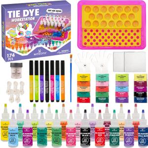 174 PCS Tie Dye Kit, Tie Dye Set Including 20 Colors Pre-Filled Tye Dye Bottles, 1 Tie Dye Workstation, 7 Set Fabric Markers, Non Toxic Permanent Fabric Dye Art Set- Perfect for Family & Party Fun