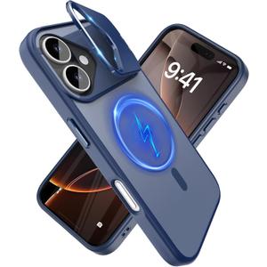 YFEMLAZ for iPhone 16 Case(Built-in Invisible Kickstand) Heavy Duty MagneticCompatible with MagSafe Military-Grade Drop Protection,Translucent Matte for iPhone 16 Case 6.1",Blue