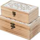 Wooden Storage Box Set of 2 - Hand Carved Floral Decorative Boxes with Hinged Lids - Solid Pine Keepsake Organizer for Jewelry, Photos, and Rustic Farmhouse Home Décor