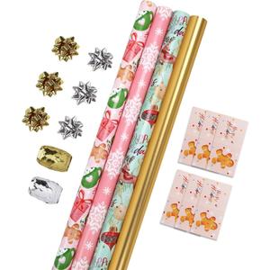 LaRibbons Christmas Wrapping Paper Set, Snowflake & Reindeer & Gingerbread Man Design with Gift Bow & Ribbons & Tags, Perfect for Christmas, Winter Party, 30 Inch X 10 Feet (4Rolls, 100 sq.ft.ttl.)