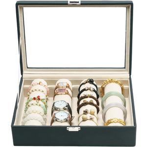 Bracelets Organizer Rods Bangles Display Holder, Clear See through Lid Leather Velvet Jewelry Storage Box Case for Women, 4 Rods Black Leather