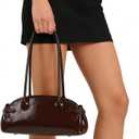 Vintage Shoulder Bag - Glossy Leather Top Handle Handbag, Retro Minimalist Dome Shoulder Purse, Elegant Underarm Bag Maple