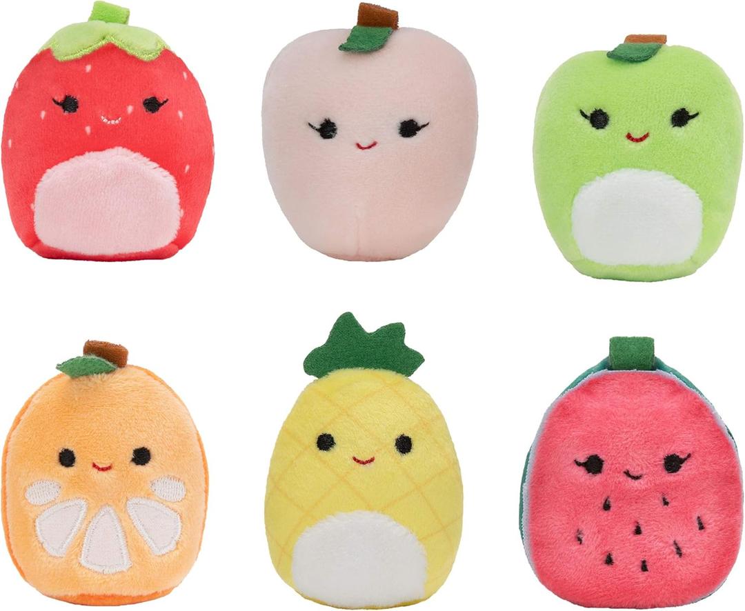 Squishville by Squishmallows Mini Plush Fruit Squad, Six 2" Soft Minimallow Plush, Irresistibly Colorful Fruits, Mini Peach, Pineapple, and Watermelon