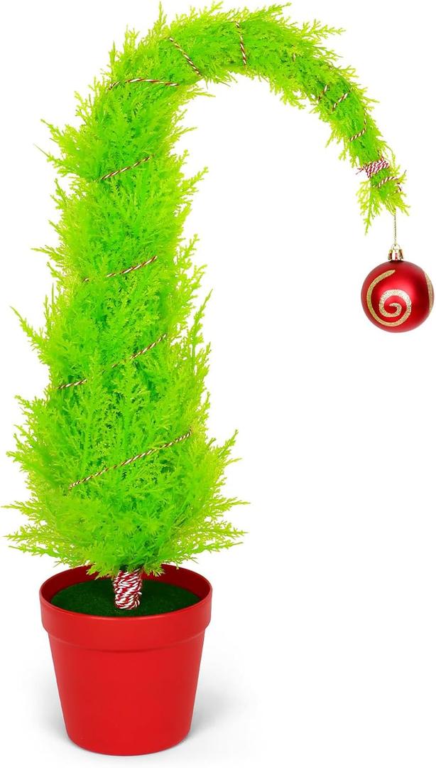 2Ft Christmas Tree Decorations, Mini Tabletop Christmas Tree with Red Thread Balls Lime Green Christmas Decorations for Centerpiece Tabletop Home Office Decor