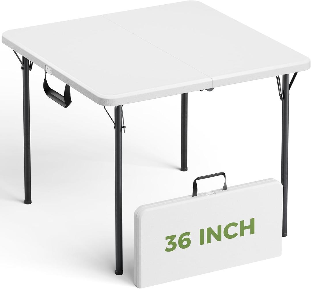 Folding Table, 36 Inch Square Foldable Card Table with Carrying Handle, Heavy Duty Fold-in-Half Portable Table No Assembly, Ideal for Picnic, Camping, RV Travel, Parties, BBQs, Crafting and Indoor Use