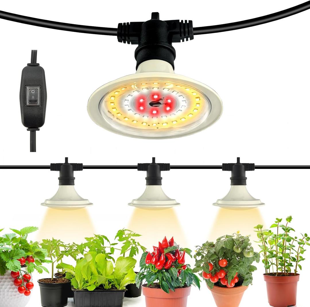 Outdoor LED Grow Lights, Waterproof String Grow Light, Full Spectrum Plant Growing Lights with 12Ft Adjustable Cord 3 Lights (Beige)