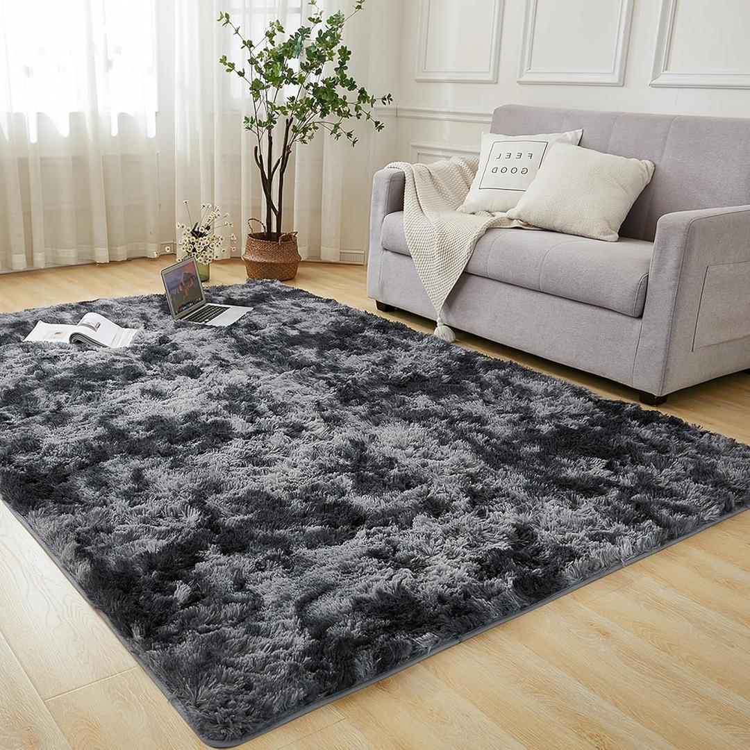 Andency 4x6 Shag Area Rug for Living Room, Tie-Dyed Light Grey Soft Fuzzy Plush Indoor Carpets for Bedroom, Non Skid Fluffy Faux Fur Rug for Room (4x6 Feet)