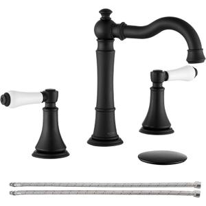 Porcelain 2-Handle Bathroom Faucet Black Matte 8 inch Widespread with Pop-Up Drain & 2Pcs Water Supply Lines, Classical 3-Hole Bathroom Vanity Sink Faucets, High Arc 360 Swivel Brass Spout