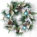 26 Inch Winter Wreath for Front Door  Winter Pine and Pinecone Wreath with Blue & Silver Ornaments, Frosted Greenery and Golden Leaves  Cedar Wreaths Holiday Decoration for Home, Fireplace & Porch