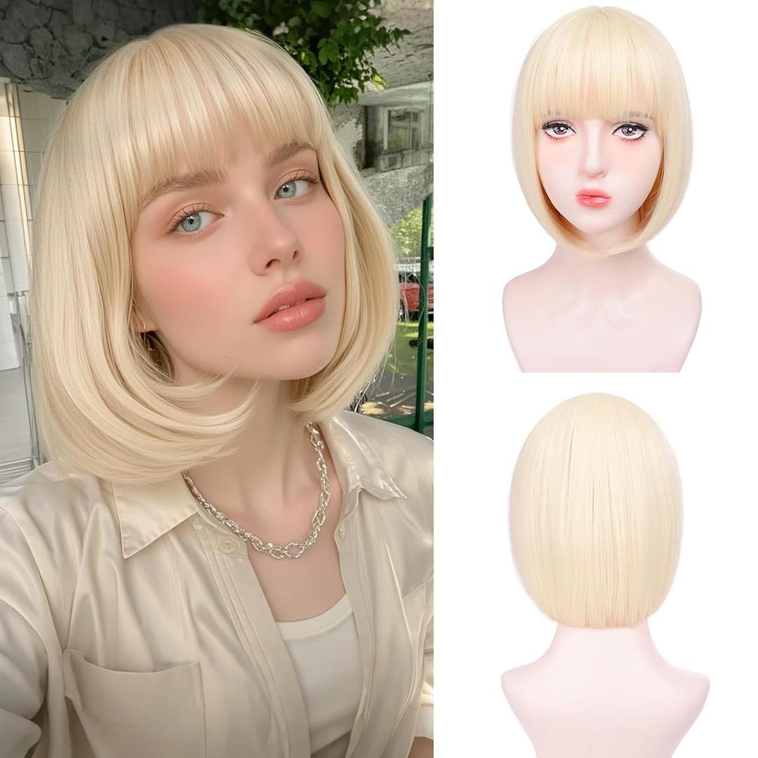 Blonde Bob Wigs for White Women - 12'' Short Bob Wigs With Bangs Natural Fashion Synthetic Wig Colorful Synthetic Hair for Daily Cosplay Halloween