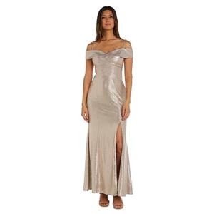 NIGHTWAY Women's Off The Shoulder Shimmer Gown W/Elegant Drape & Slit | Glamorous Evening Cocktail Party Attire Champagne 18
