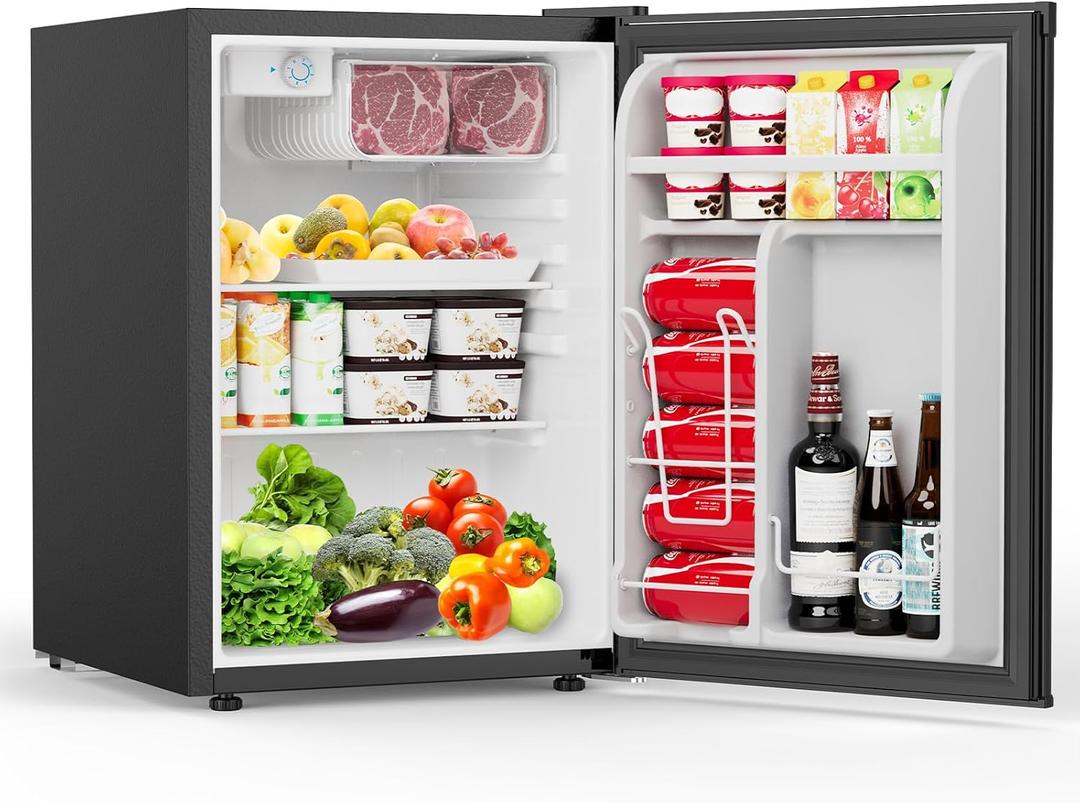 COWSAR 2.6 Cu.Ft Mini Fridge with Freezer, Quiet Reversible Door Compact Refrigerator, Small Refrigerator with 2 Removable Shelves, Adjustable Thermostat, for Office, Bedroom, Dorm, Black, 2.58 Cu.Ft