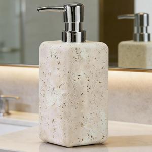 Travertine Stone Soap Dispenser Natural Organic Bathroom Soap Pump with Metal Push Pump, Elegant Square Hand Lotion Jar, Premium Heavy Duty Pump Bottle Lotion Jar for Kitchen/Laundry Room(Ivory White)