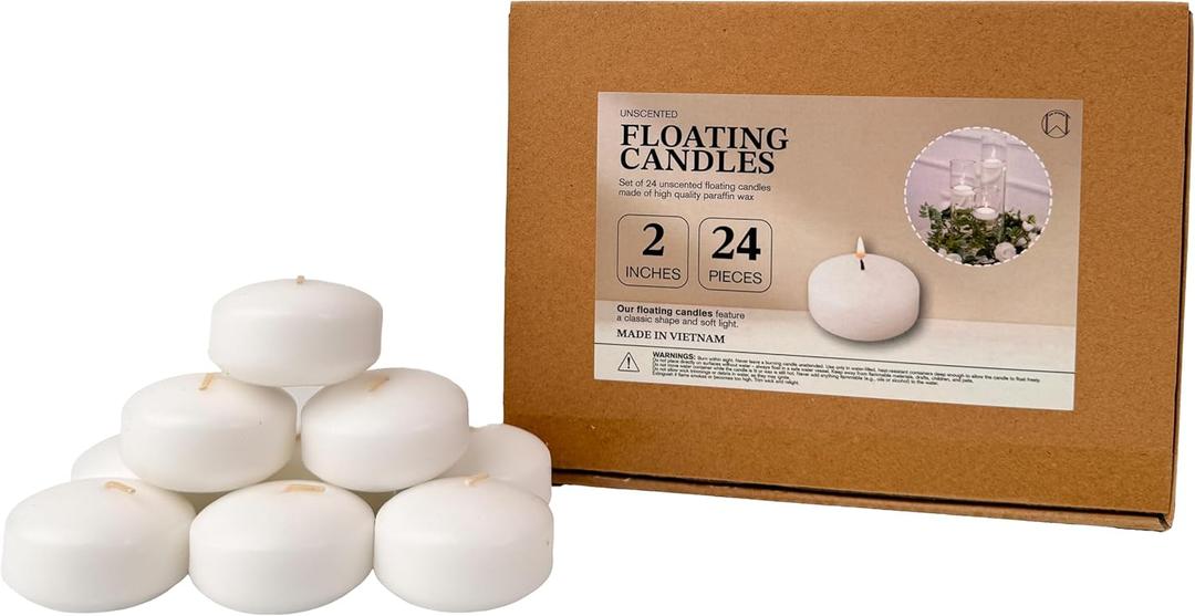 24 Pack 3 Inch White Unscented Floating Candles – Long 9 Hour Burn, Smokeless – Premium Paraffin Wax – Perfect for Weddings, Parties, Spa, Centerpieces, Special Occasions & Home Décor