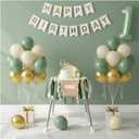 First Birthday Decorations - Complete Party Set with High Chair Banner, Number 1 Balloon, One Cake Topper, Crown, Balloons & Birthday Banner(Green)