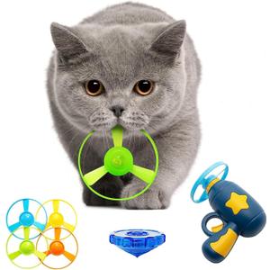 Cooway 7 Piece Cat Fetch Toys, Interactive Flying Cat Toy with 5 Flying Propellers,1 Spinning Tops, Dog Cat Pet Tracks Chasing Toy for Indoor Cats (Dark Blue)