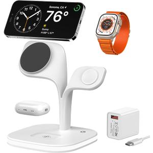 EXW for Magsafe Charger Stand,Charging Station for Multiple Devices, Wireless Charger for iPhone 16/15/14/13/12 Series,Apple Watch Series 1-9/Ultra,AirPods Pro with LED and Adapter (White)