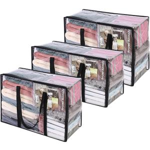 3 Pack 40L/60L/90L Clear Clothes Storage Bags with Zipper | Plastic Storage Bag, Foldable Closet Organizer, For Comforter Blanket Bedding Duvet Toys, Moving Bags