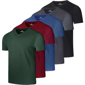 Real Essentials 5 Pack: Men's Mesh Short Sleeve V-Neck T-Shirt | Athletic Dry Fit V Neck Workout Shirt (L)
