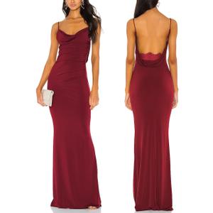 Aigeman Women Spaghetti Straps Mermaid Evening Gown Wedding Guest Dress Drape Neck Lace Backless Formal Maxi Dress 21 (Red, M)