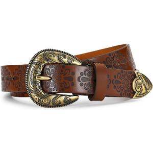 Western Cowgirl Belts for Women Brown Leather Belt for Jeans with Vintage Country Cowboy Buckle