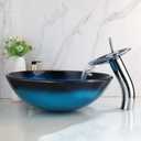 Bathroom Tempered Glass Vessel Sink Black & Blue Round Wash Basin Bowl Waterfall Mixer Chrome Brass Faucets Pop-up Drain Combo With Cold & Hot Water Hoses, 16.8x16.8x5.2 inches