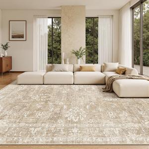 Madane Living Room 10x14 Area Rugs,Washable Low Pile Non-Slip Stain Resistant Extra Large Thin Rug, Vintage Soft Throw Carpet for Dining Room Bedroom Farmhouse Home Office Decor (10 x 14, Beige/Brown)