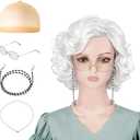 AQOYNQ Old Lady Wig for Women,5Pcs Gray Wigs for Women Grandma Wig Costume Breathable and Comfortable with Glasses, Pearl Necklace & Accessories