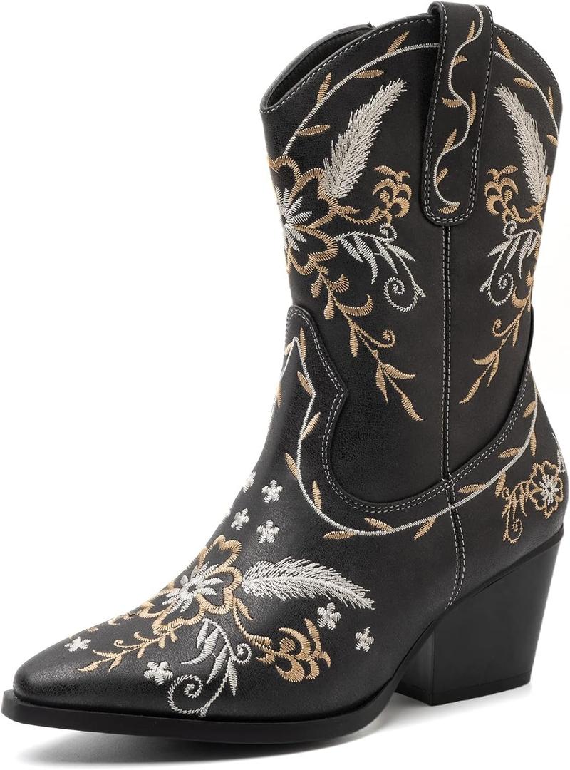 ANJOUFEMME Western Women's Cowboy Cowgirl Boots, Embroidered Round-toe Mid-calf Boots (6, Black)