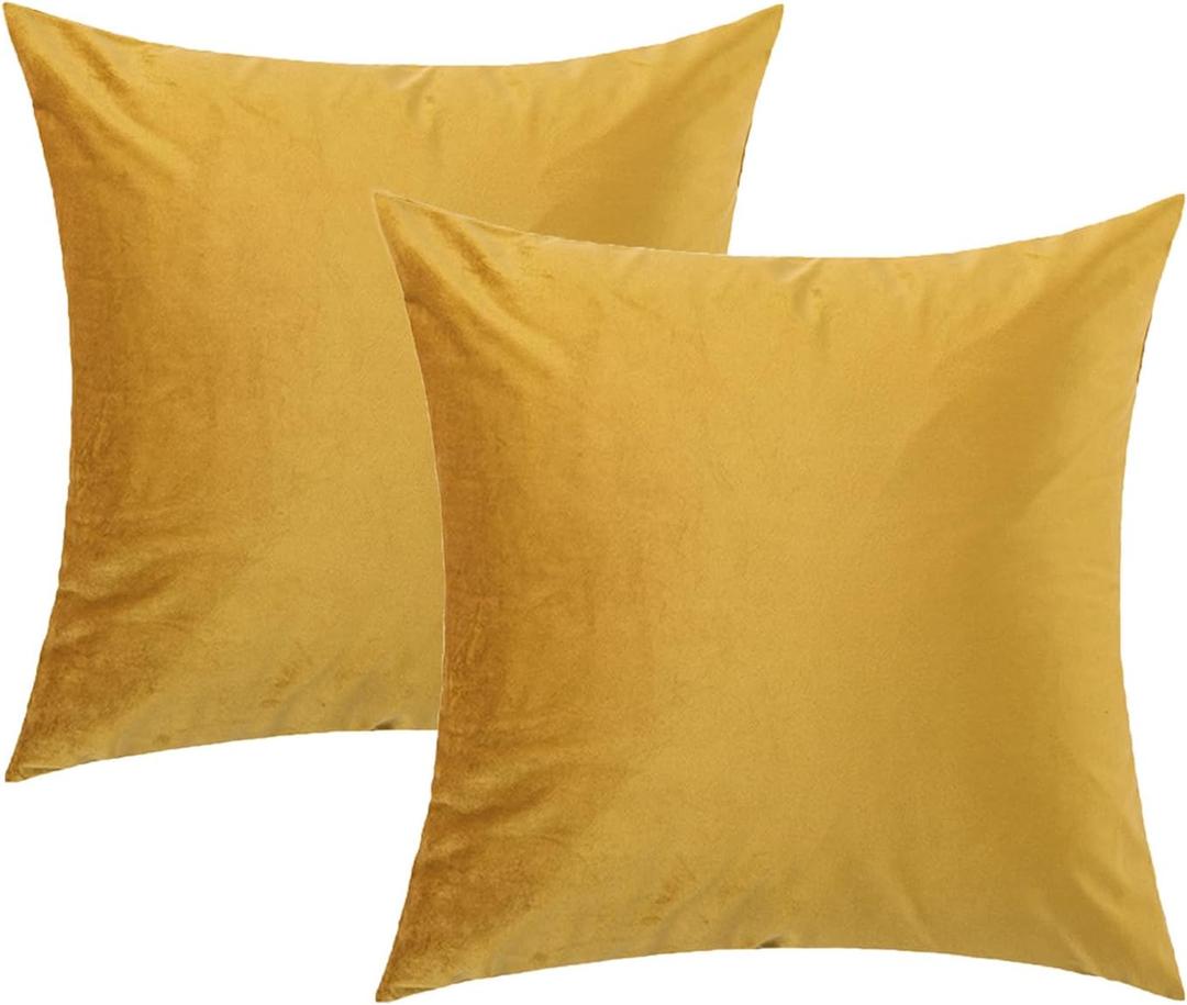 Set of 2 Velvet Solid Color Pillow Covers with Zipper, Plain Decorative Pillowcases, 18 x 18 inch Square Soft Cushion Covers (Yellow)